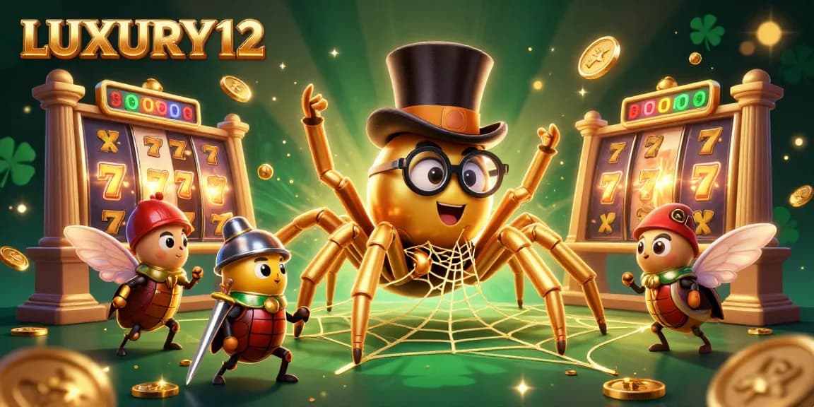 LUXURY12 offers a vibrant slot gaming experience with a golden tarantula and adventurous beetle knight.