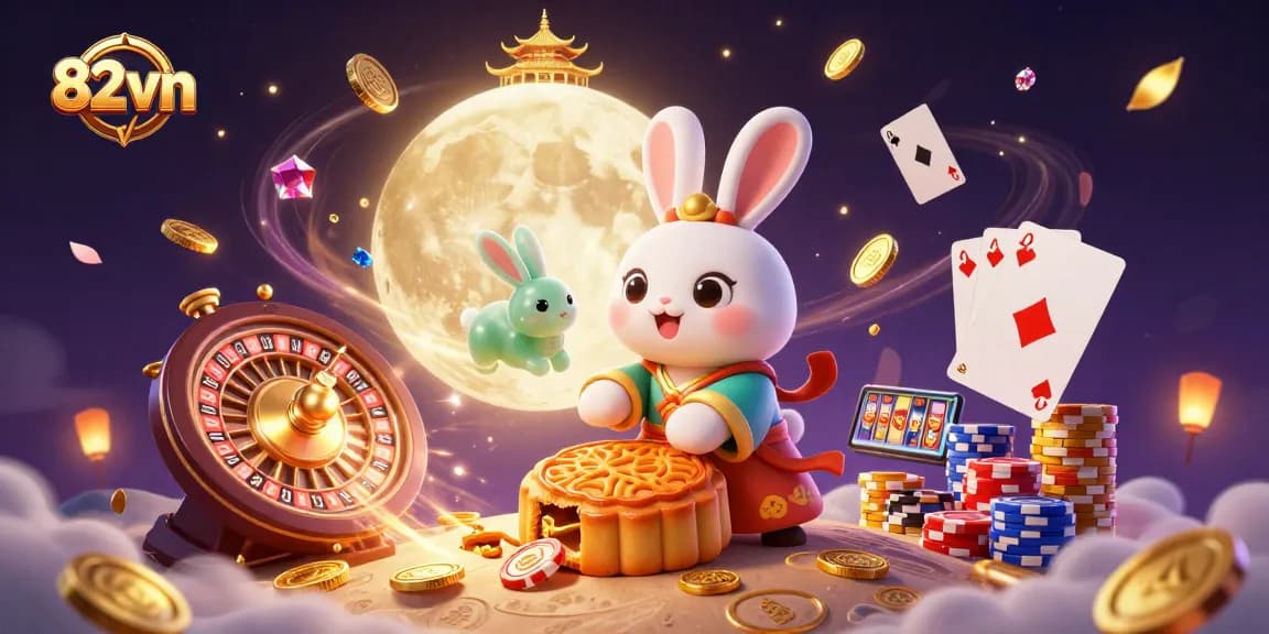 Experience thrilling gameplay with 82vn's vibrant casino scene featuring moon rabbit characters.