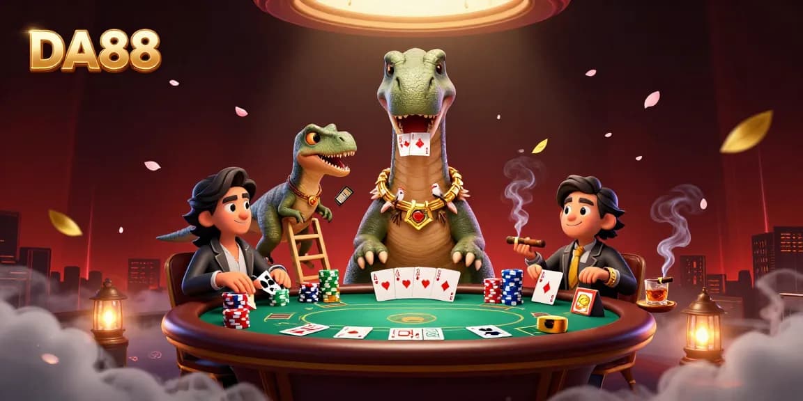 Engage in thrilling poker action at DA88 with a giant brontosaurus dealer overseeing fun gameplay.