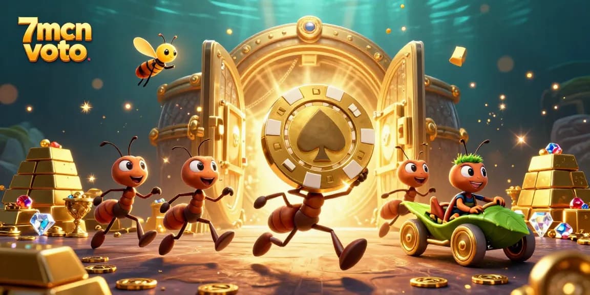 Engage with 7mcn voto as cartoon ants steal a giant poker chip with treasures around.
