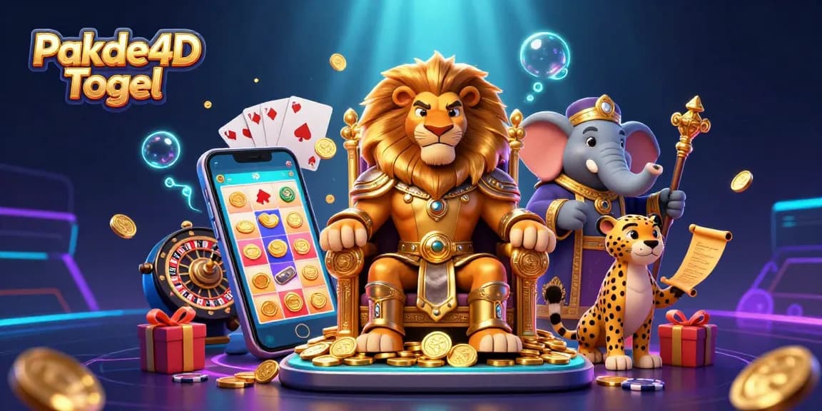Experience the excitement of Pakde4D Togel with a fierce lion king, elephant advisor, and cheetah messenger, set in a vibrant gambling scene.
