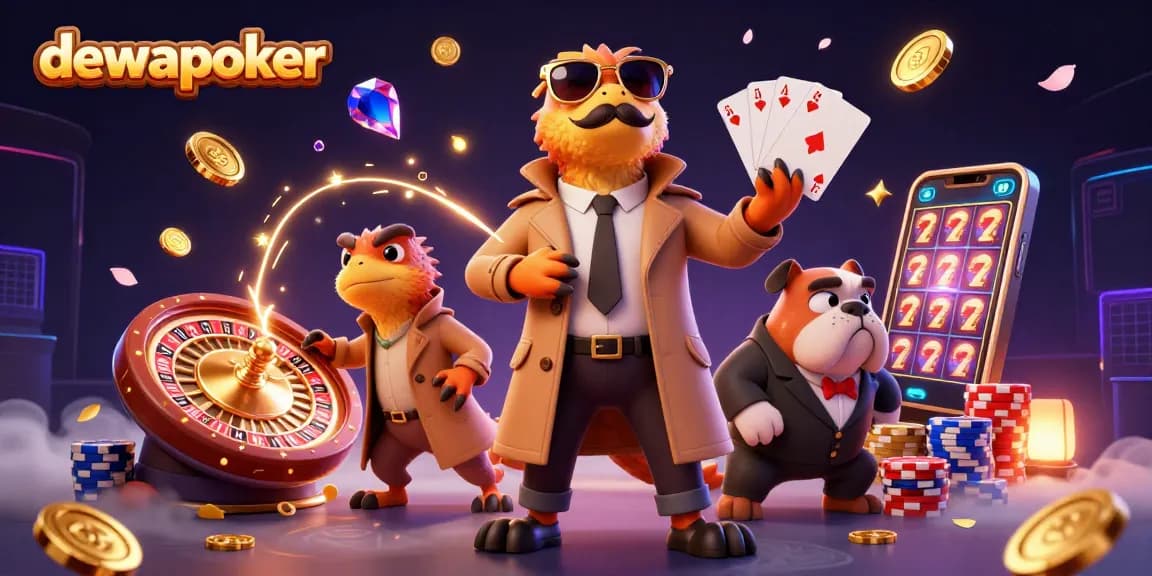 Dewapoker menampilkan tiga raptor dalam jas mencoba masuk ke lounge VIP kasino, dikelilingi koin emas dan perhiasan berkilau.