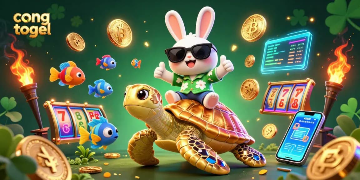 Win with cong togel inspired by a lively scene featuring a lucky rabbit, golden turtle, and bright slot elements.
