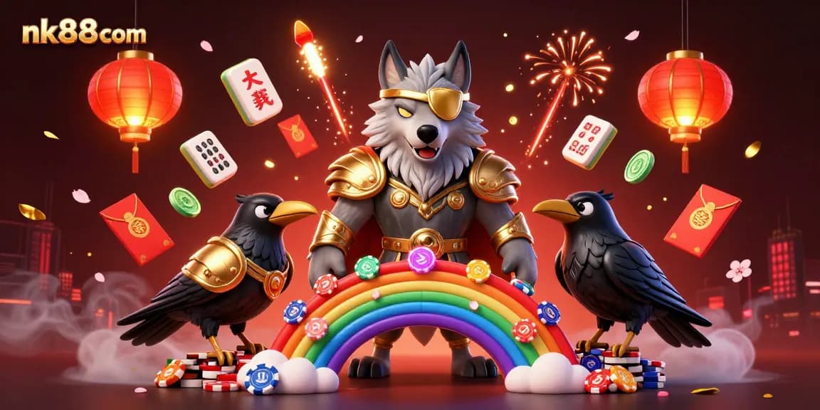 Experience the excitement at nk88 com with this vibrant casino-themed illustration featuring Odin and his ravens.