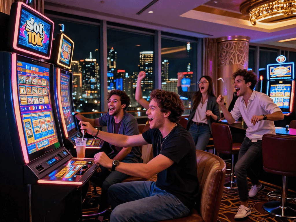 Friends celebrating at the slot 10k casino machine, vibrant atmosphere.