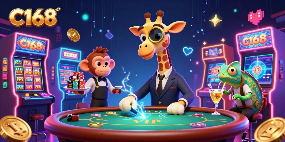 C168 showcases vibrant gaming with a high-roller giraffe and arcade machines, capturing casino excitement.