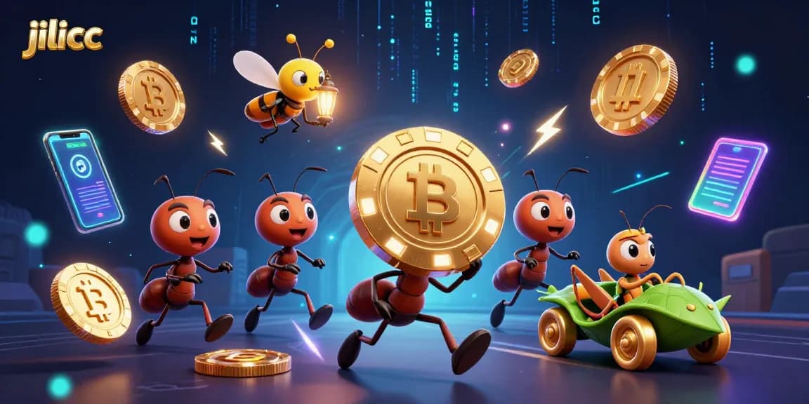 Experience thrilling action on jilicc as ants heist a giant poker chip amidst vibrant cryptocurrency elements.