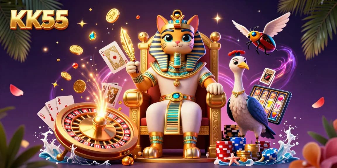 Play exciting games at KK55 with a vibrant 3D casino illustration filled with golden coins and joyous moments.