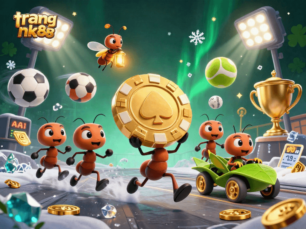 Experience thrilling action at trang nk88 with animated ants carrying a massive gold poker chip.