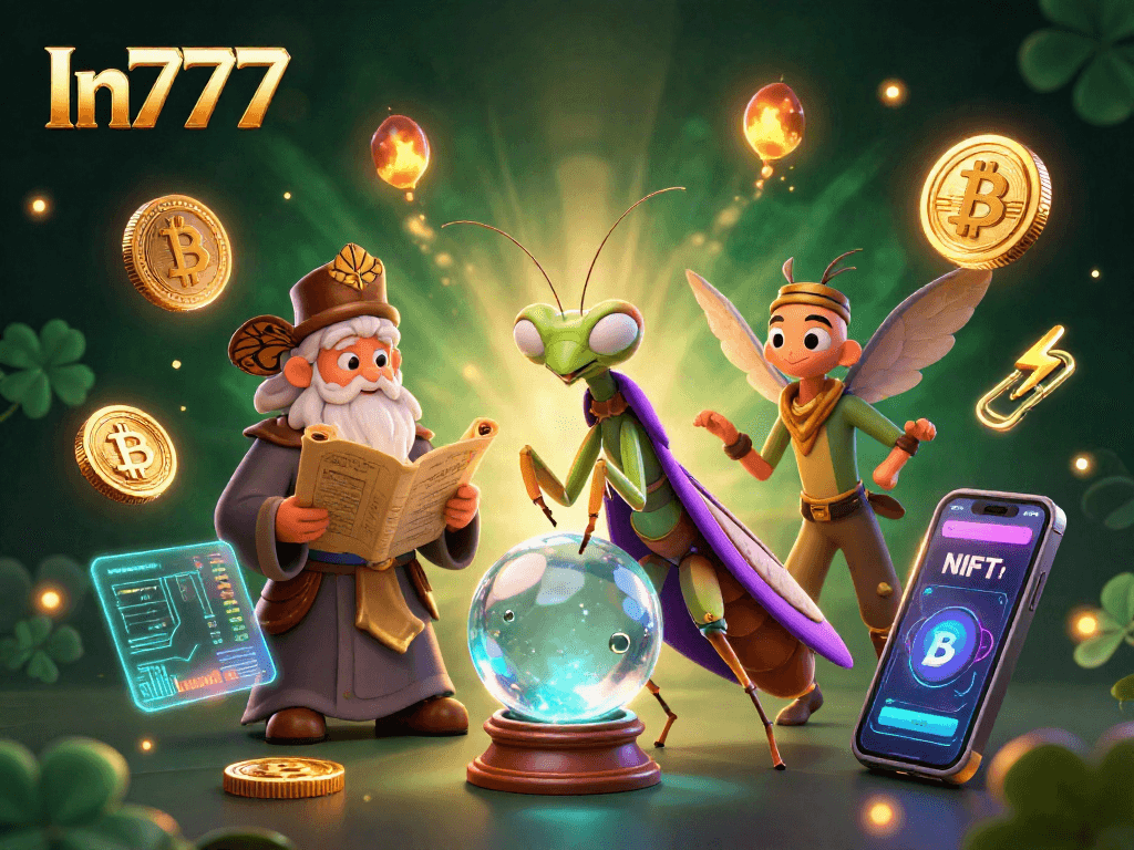 Engage with In777 in a vibrant 3D scene showcasing cryptocurrency elements and fortune-telling metaphors.
