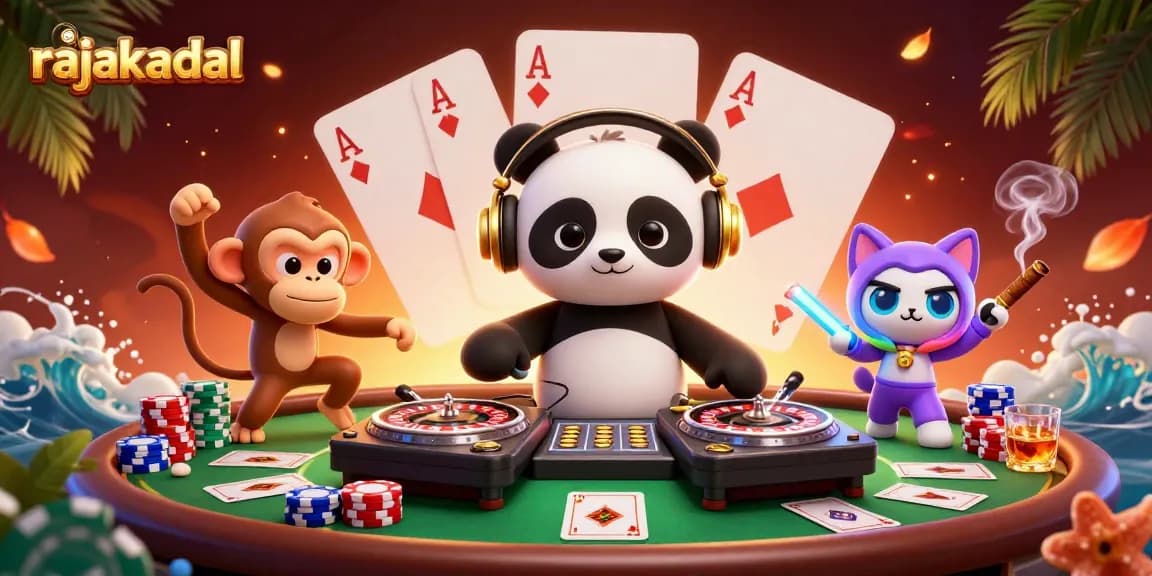 Rasakan keseruan bermain di rajakadal dengan DJ panda, monyet breakdance, dan kitten dalam suasana casino yang meriah.