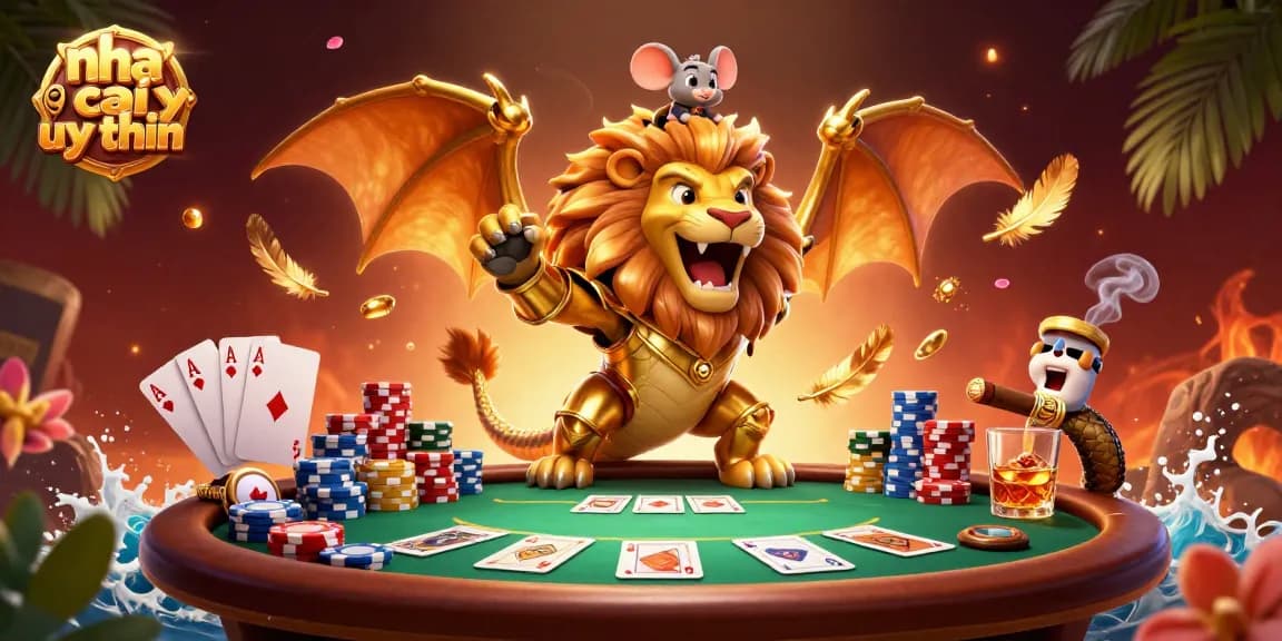 Experience thrilling action at nha cai uy tin with a majestic chimera and poker elements capturing the casino spirit.