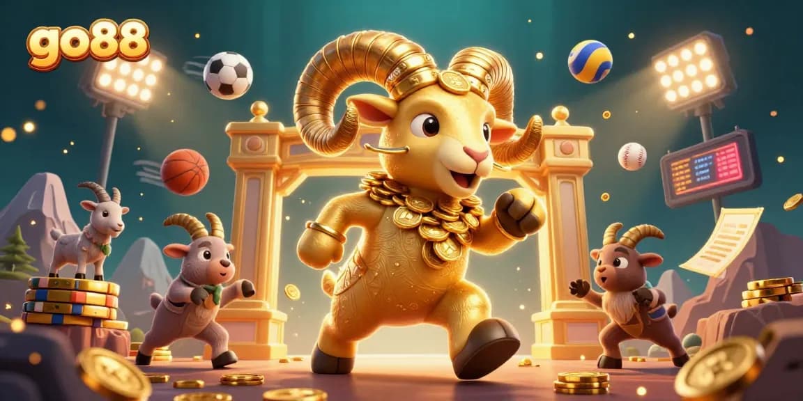 Engage with thrilling gaming at go88 featuring a golden ram charging towards exciting sports betting action.