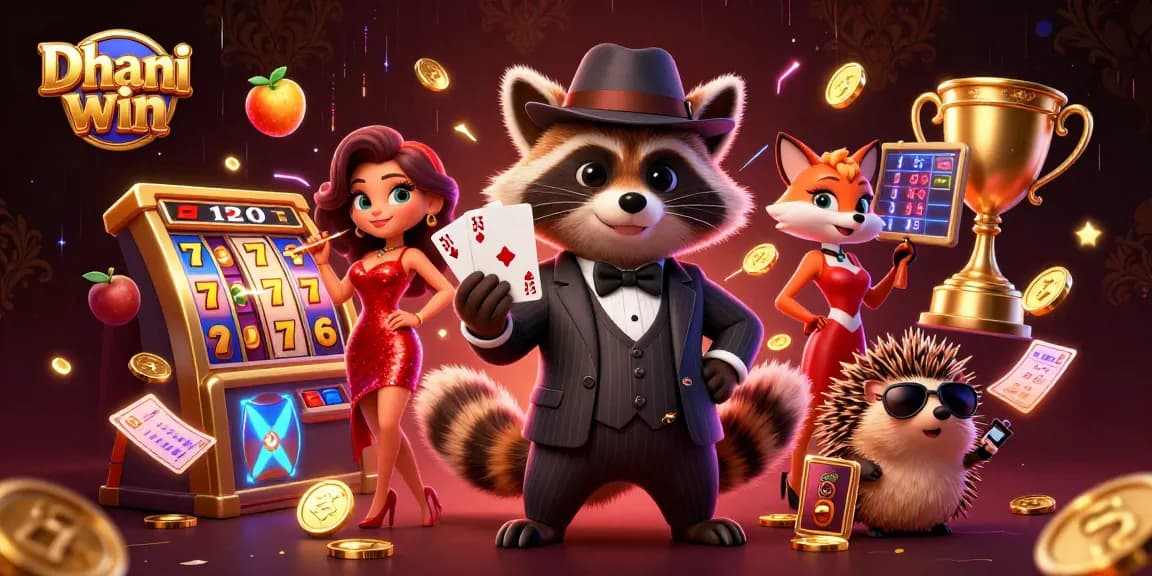 Dhani win promotional illustration showcasing a raccoon holding a royal flush, amidst slot elements and glamorous gameplay