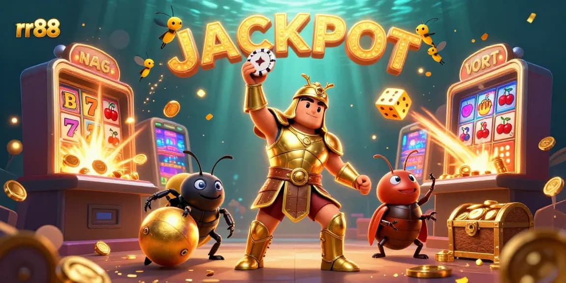 Experience the thrill of rr88 with a victorious beetle lifting a poker chip in a vibrant casino scene.