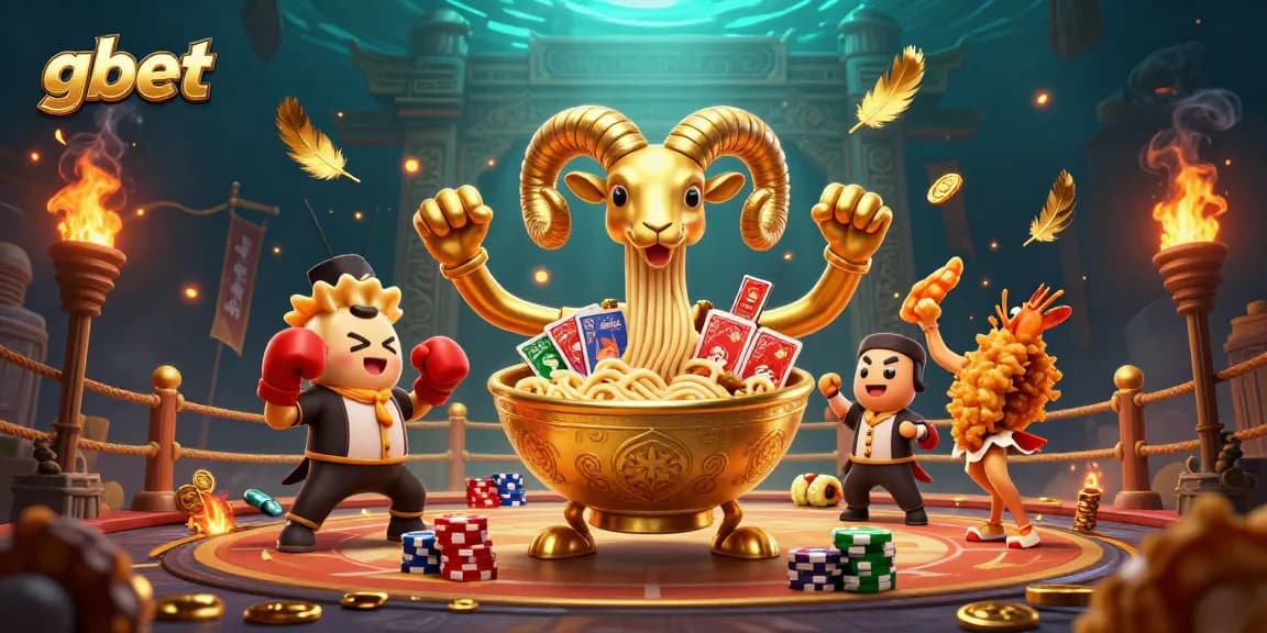 gbet's exciting gaming scene with a vibrant ramen bowl character and dynamic casino elements, showcasing a lively atmosphere
