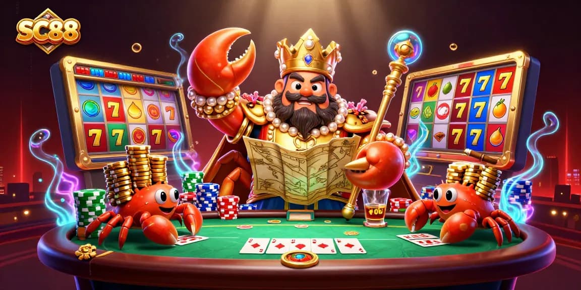 Experience the thrill of SC88 slots with a golden crab emperor and vibrant casino elements in a dazzling scene.