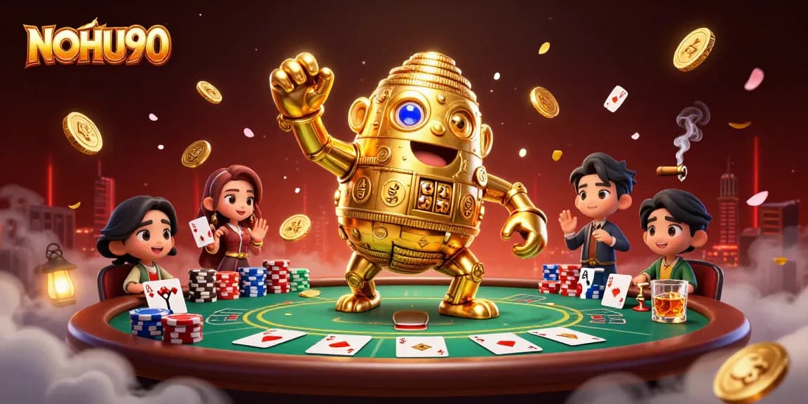 Engage with NOHU90's thrilling gaming atmosphere featuring a golden golem and poker elements in action.