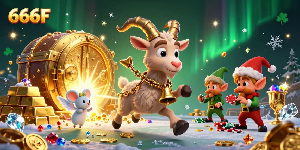 Experience the excitement of winning with 666F in a thrilling casino scene featuring festive characters and glittering treasures.