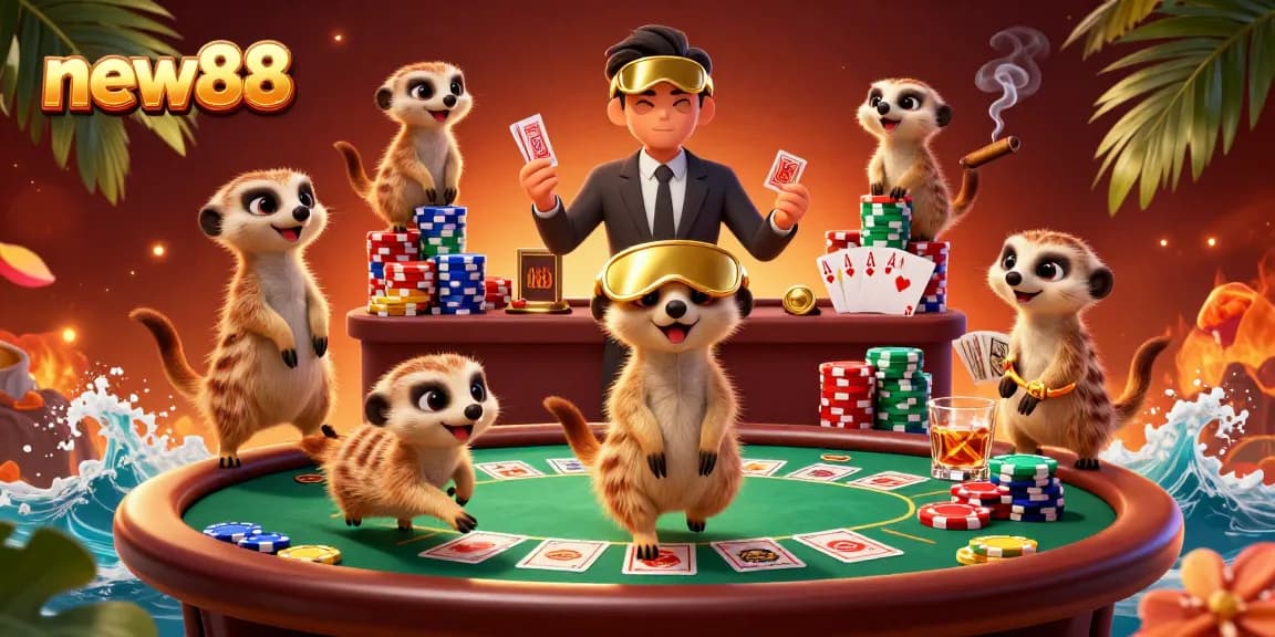 new88 offers a dynamic casino experience featuring meerkats managing games and chips.