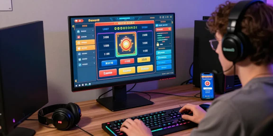 Pengguna Diana4D berinteraksi dengan permainan lotere online, menampilkan grafik dinamis dan aksesori gaming modern.