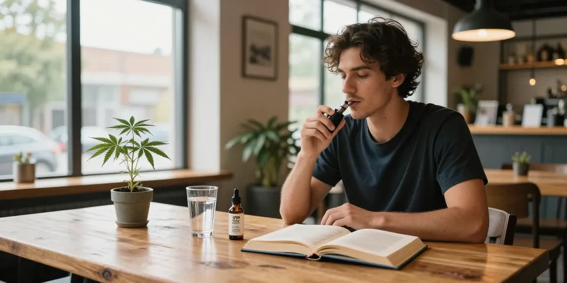 Legal vaping age in Cyprus emphasized with positive vaping experience in a modern café setting, featuring CBD oil and hemp plant for wellness.