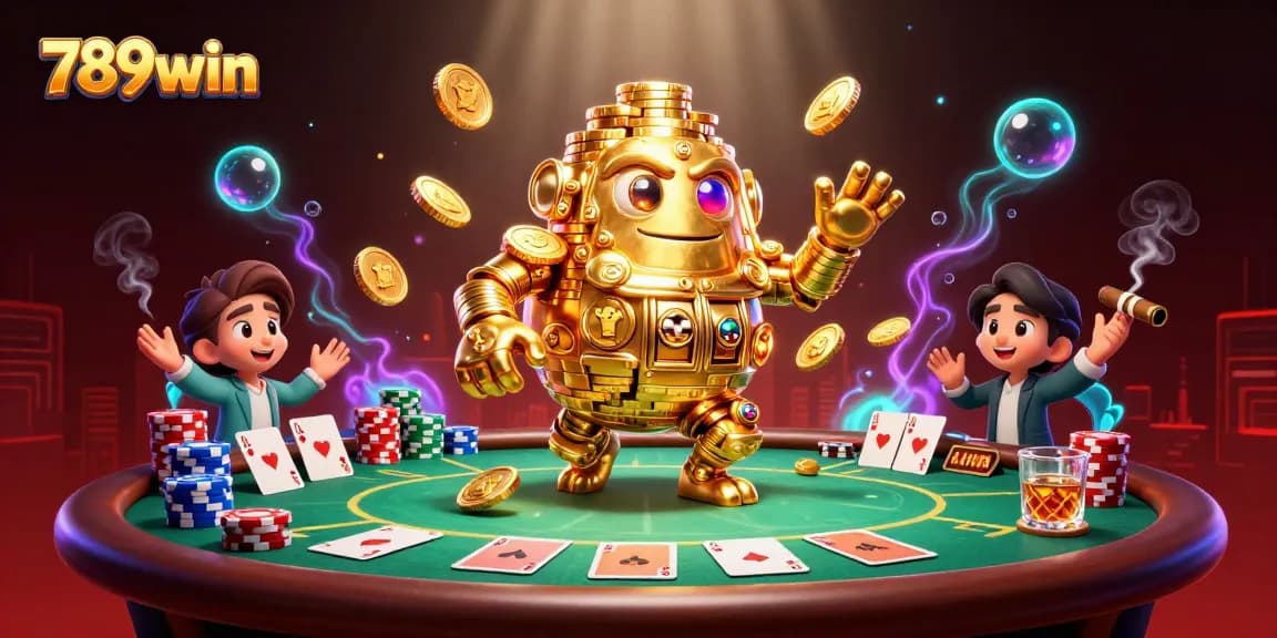 Experience the thrill at 789win with a golden golem, poker elements, and vibrant casino energy.
