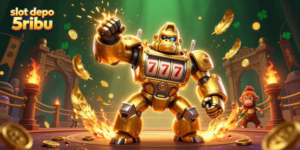 Experience thrilling wins with slot depo 5ribu featuring a dynamic golden gorilla mech and coins exploding.