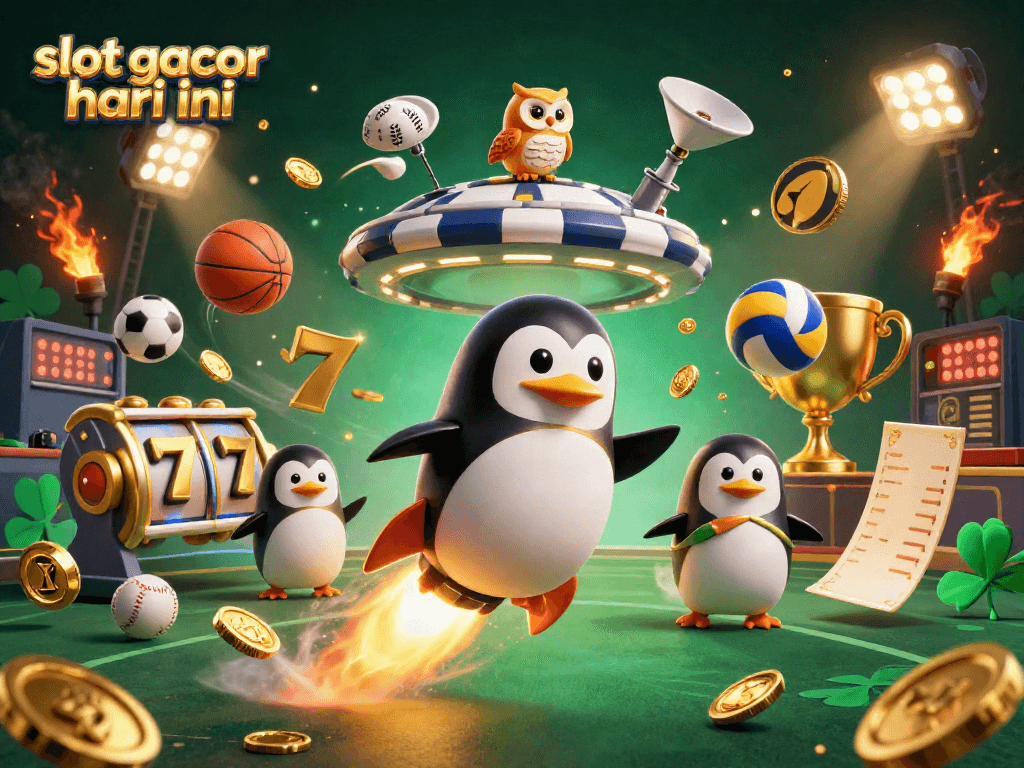 Experience thrilling slot gacor hari ini action with a golden penguin flying to a casino space station.