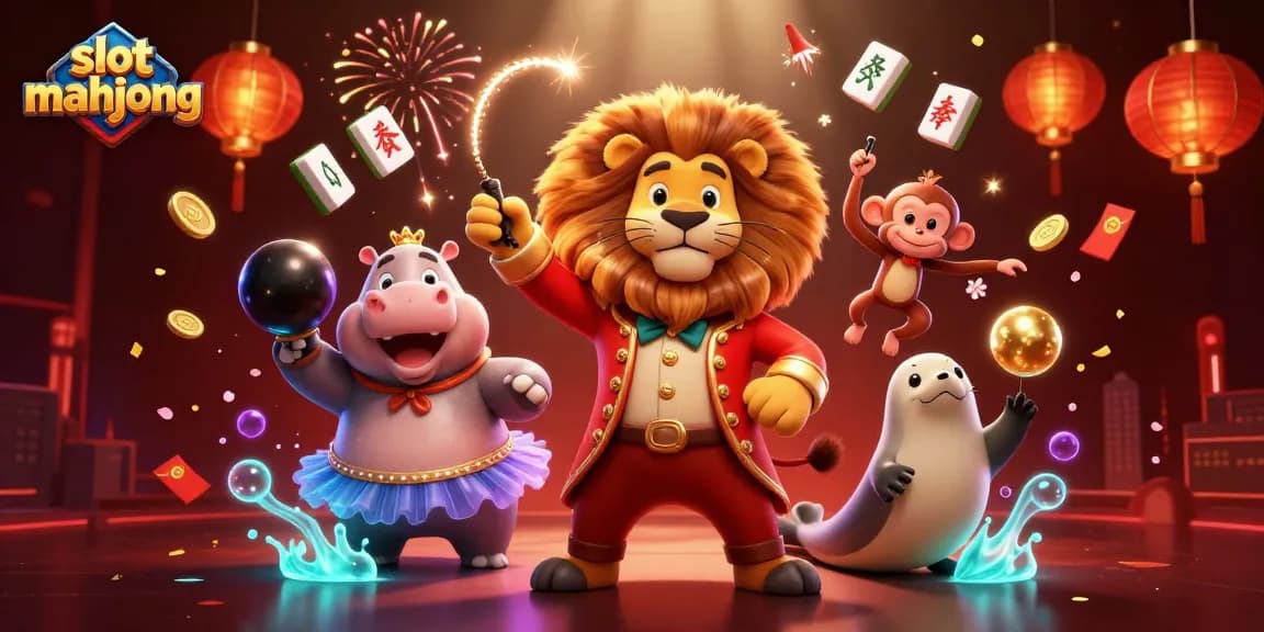 Experience the thrill of slot mahjong with colorful characters and festive designs in this vibrant 3D scene.