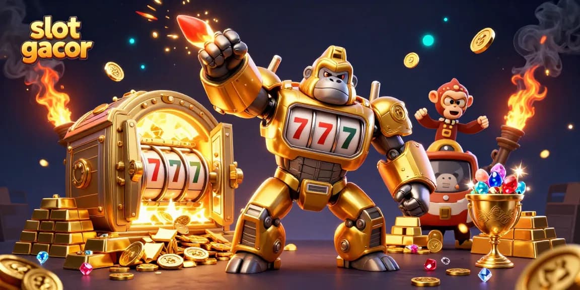 Experience excitement with slot gacor as our golden gorilla mech strikes coins galore in a thrilling casino scene.