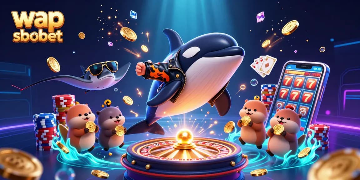 Engage with the action at wap sbobet, where a 3D orca and friends celebrate wins amidst cascading coins in this vibrant casino scene.