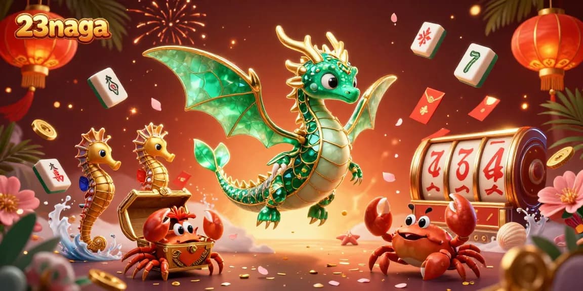 Experience the thrill of slot games with 23naga's vibrant sea dragon and treasures themed illustration.