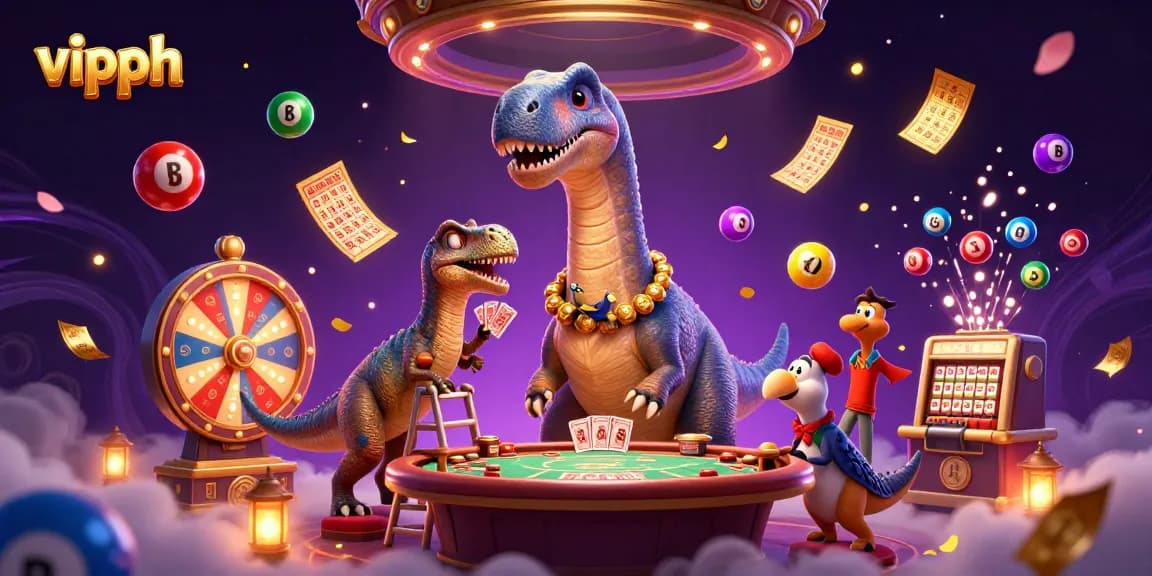 Engage with vipph's thrilling gaming world featuring a giant brontosaurus at a casino.
