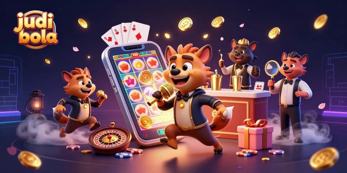Experience judi bola excitement with a lively 3D illustration featuring comedic hyenas in a vibrant casino scene.