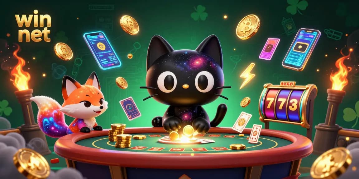 Experience the thrilling world of win net with a cosmic cat pulling in golden chips at a vibrant casino table.