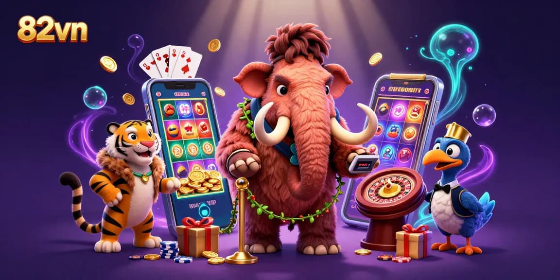 Experience 82vn's thrilling gaming with a vibrant scene featuring colorful slot games, cards, and dynamic characters.