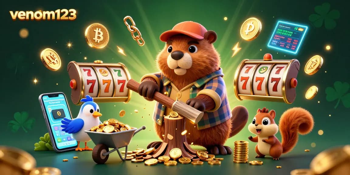 Venom123 menghadirkan pengalaman bermain slot menarik dengan karakter lucu di latar belakang gemerlap.