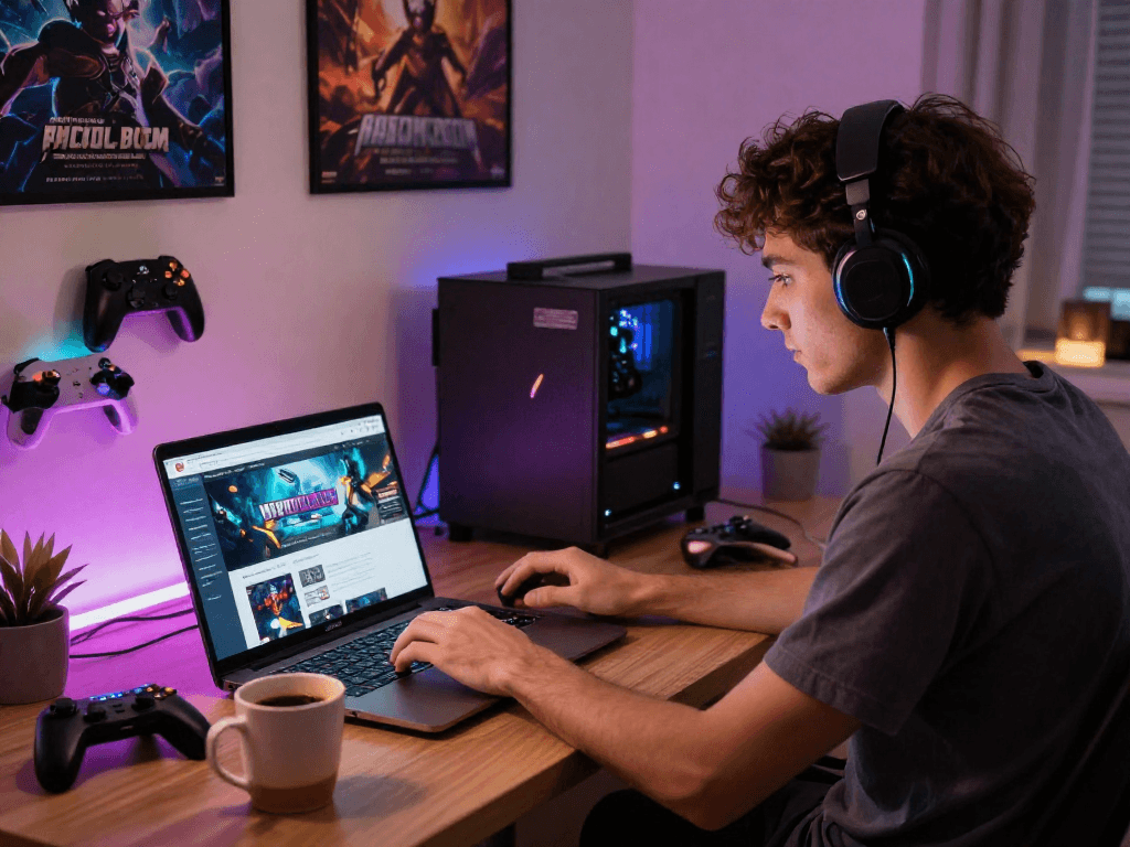 MPOCASH blog user enjoying a gaming experience with laptop and accessories in a cozy home office.