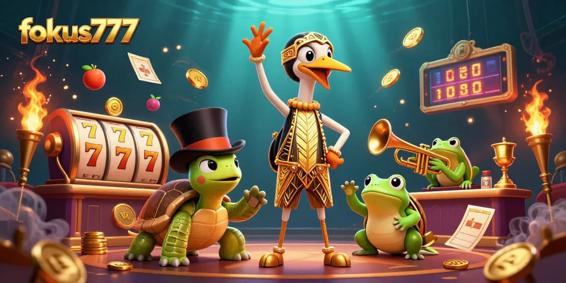 Experience the adventurous focus on fokus777 with a vibrant casino scene brimming with slot machines and lively characters.