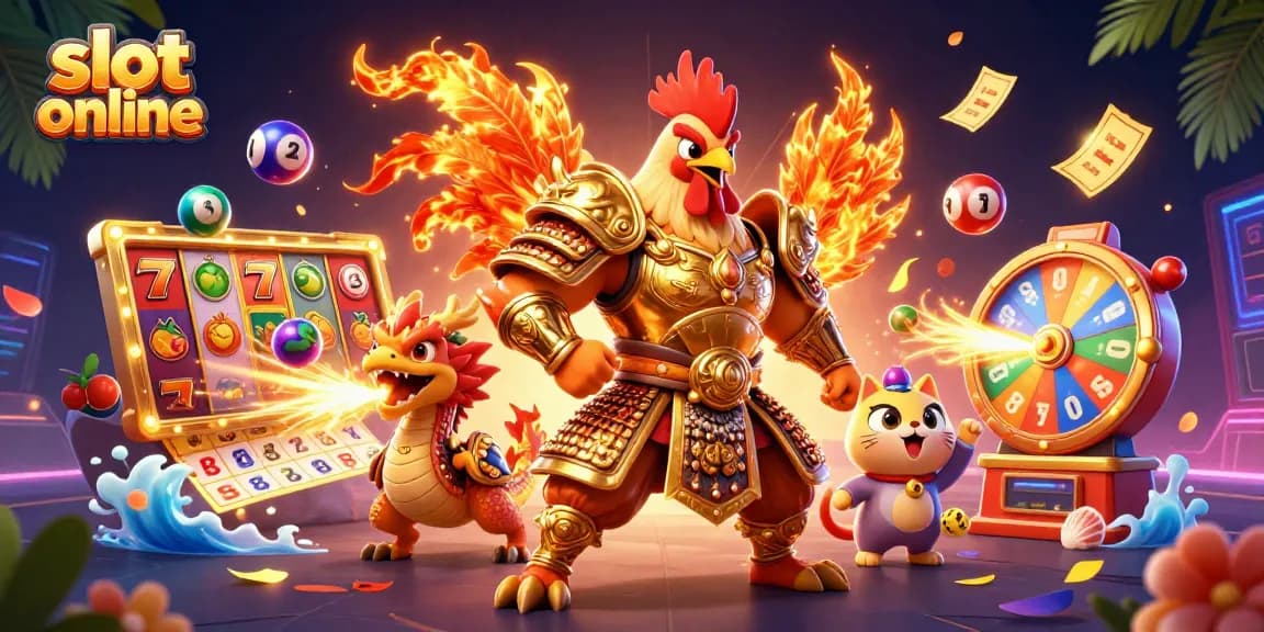 Spin to win at slot online with a dynamic scene of a rooster warrior, dragon, and fortune cat!