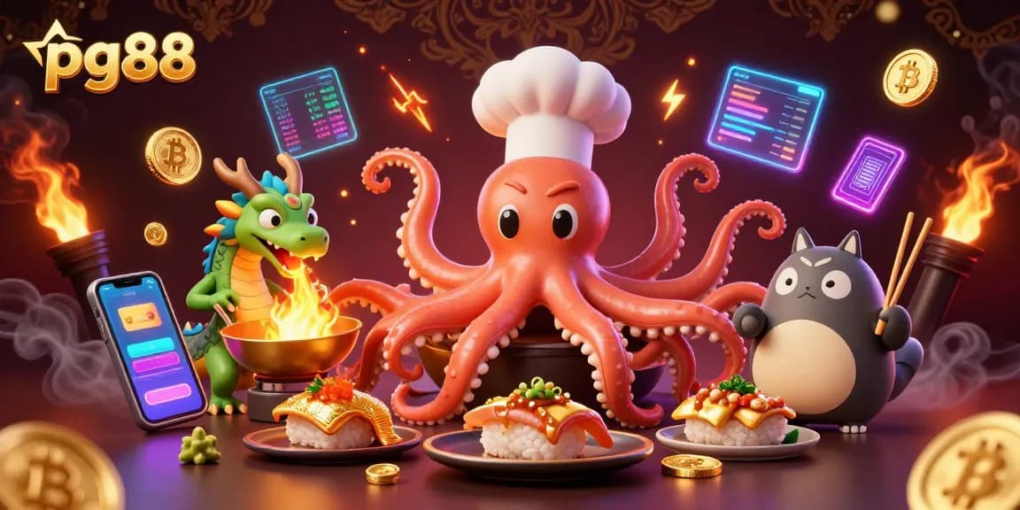 pg88 players enjoy thrilling slots action with fantasy sushi chef, dragon, and tanuki in a vibrant casino scene