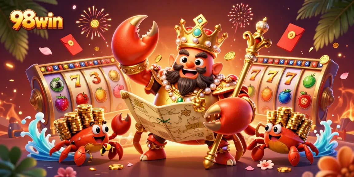 Experience thrilling gameplay at 98win with golden crab emperor amidst vibrant slots and festive elements.