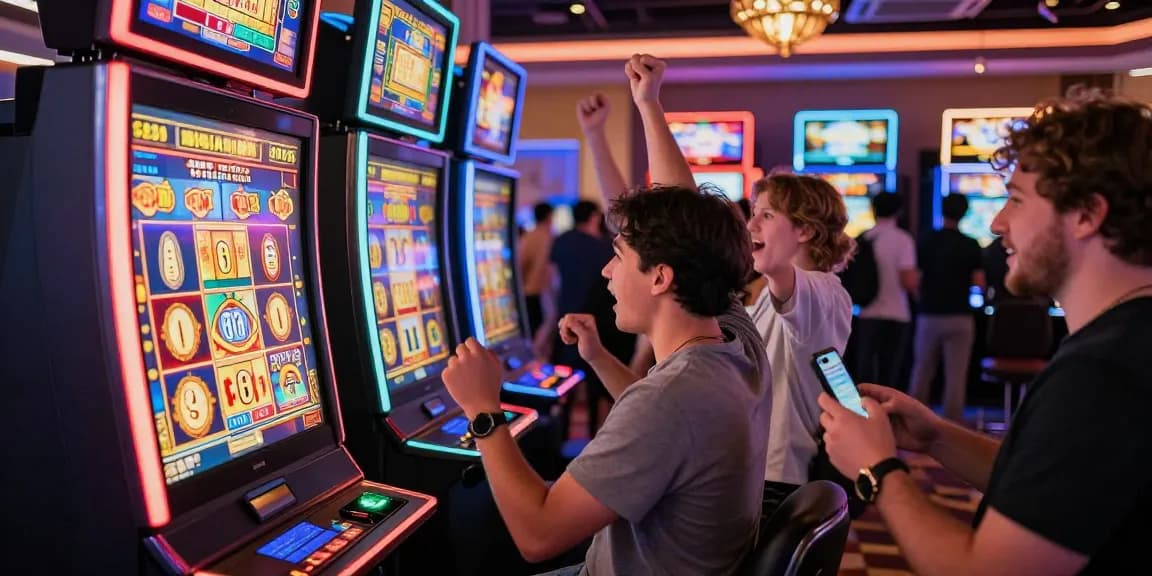Pengalaman bermain slot gacor di kasino yang penuh semangat, pemain merayakan kemenangan dengan suasana ceria.