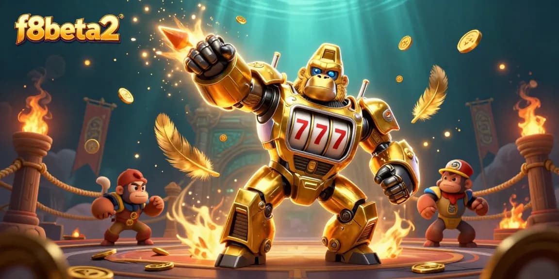 Engage with exciting gaming at f8beta2, featuring a dynamic golden gorilla mech attacking with coins.