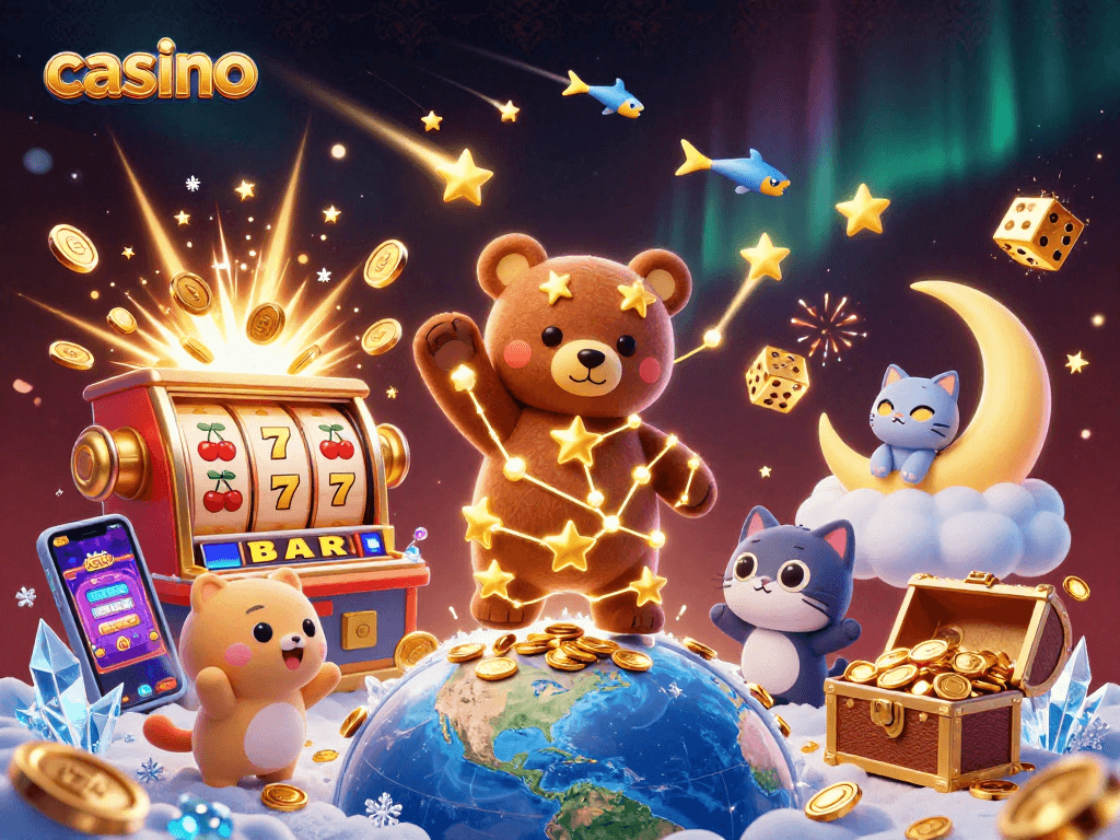 Casino scene featuring a constellation bear, slot machine, and vibrant gaming elements.