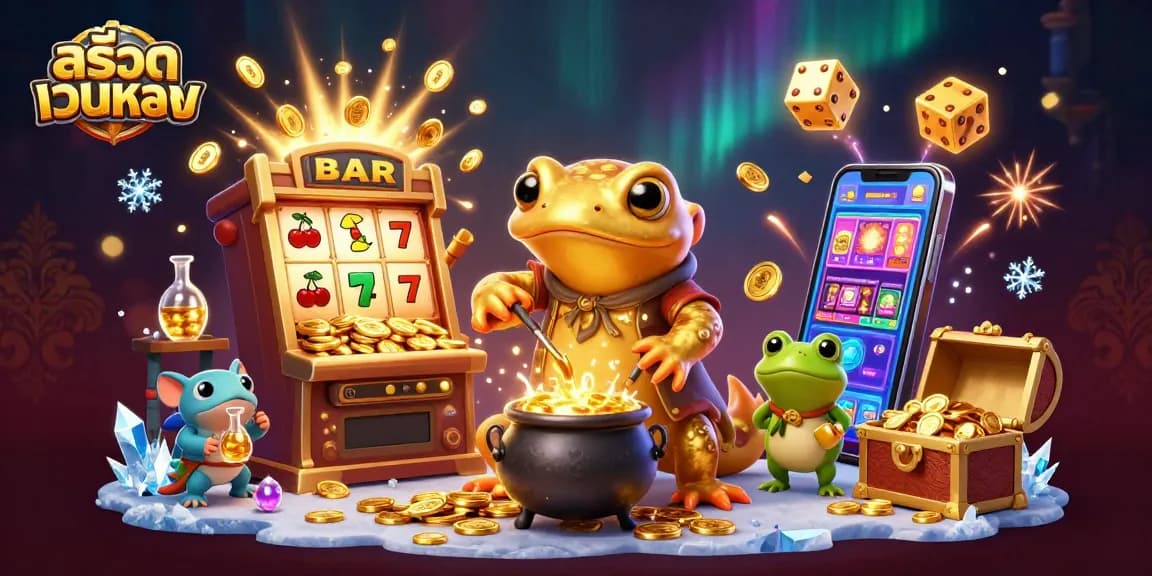 Play slot games with สล็อตเว็บตรง featuring a giant golden salamander alchemist and vibrant casino elements.
