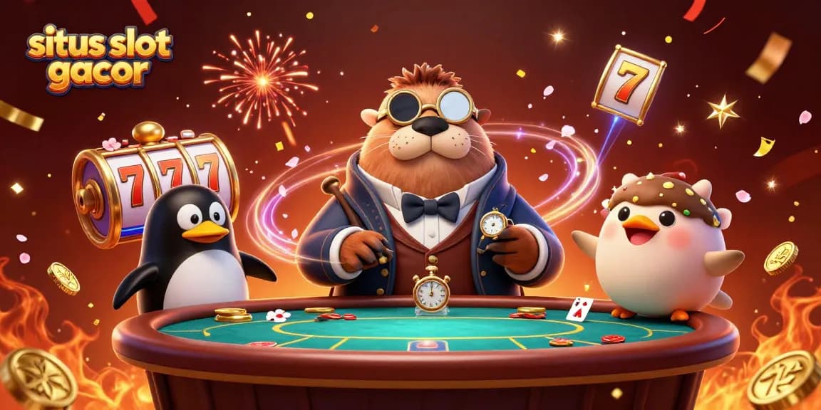 Engaging scene with a jolly walrus and dealer showcasing exciting situs slot gacor features at a vibrant underwater poker table.