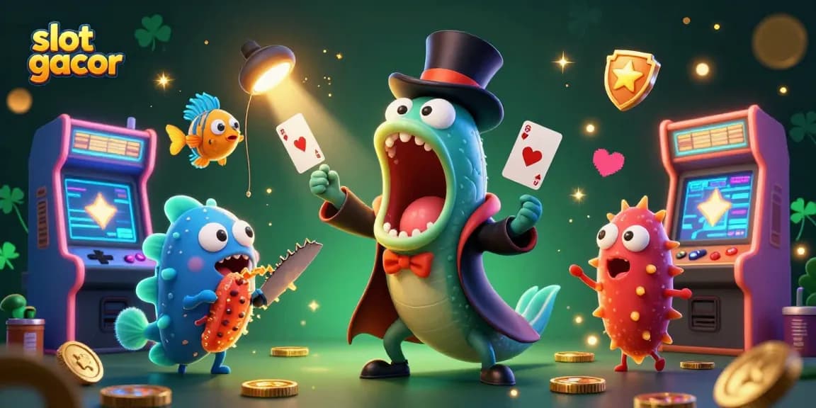 Melihat slot gacor yang menarik dalam ilustrasi 3D dengan ikan gulper, ikan pemancing, dan timun laut.