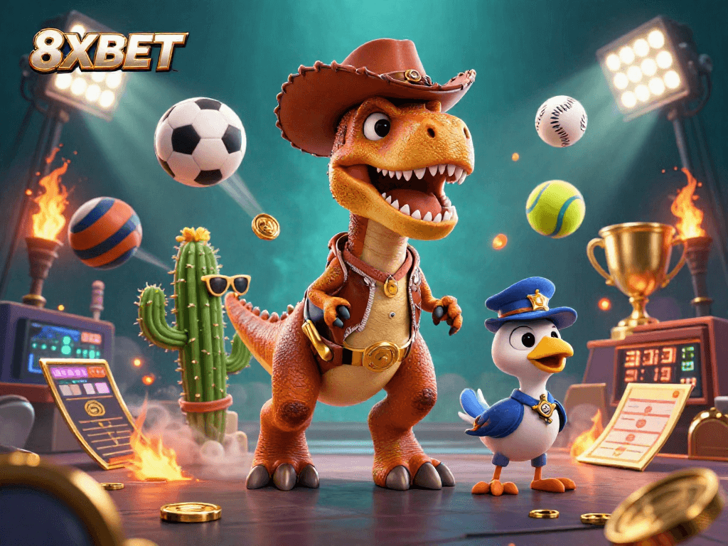 Experience exciting gameplay with 8XBET in this vibrant illustration showcasing sports and casino elements.